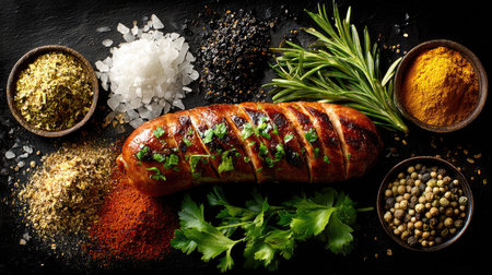 A beautifully presented grilled sausage is surrounded by an array of fresh herbs and vibrant spices, creating an inviting culinary scene for food enthusiasts.の素材