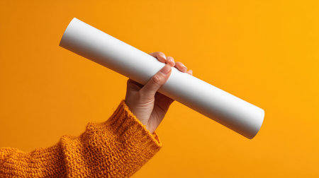 A close-up of a hand gripping a white roll of paper set against a vivid orange background. Ideal for art projects, creative presentations, and minimalist designs.の素材