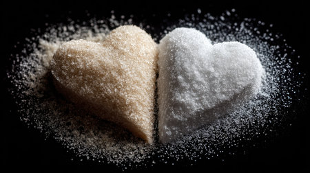 This image features two heart-shaped mounds of brown and white sugar on a dark surface, symbolizing sweetness and love, ideal for culinary themes.の素材