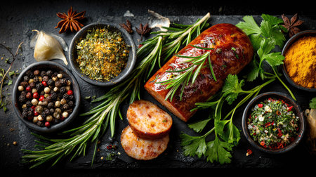 A beautifully arranged scene featuring a freshly cooked meat log paired with an assortment of herbs and spices, ideal for culinary themes and gourmet recipes.の素材
