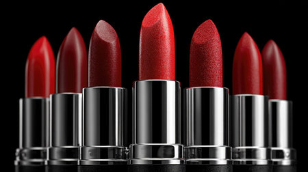 This striking image showcases a collection of vibrant red lipsticks in sleek packaging against a dark background, perfect for beauty and cosmetic themes.の素材