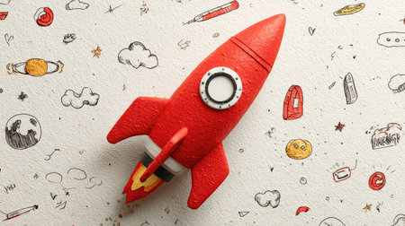 A vibrant red rocket model surrounded by playful hand-drawn clouds and planets creates a delightful backdrop for creative projects. Perfect for children's themes!の素材