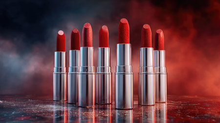 A captivating arrangement of vibrant red lipsticks in sleek tubes set against a dramatic smoky background. Ideal for beauty and makeup themes, this image showcases elegance and glamour.の素材