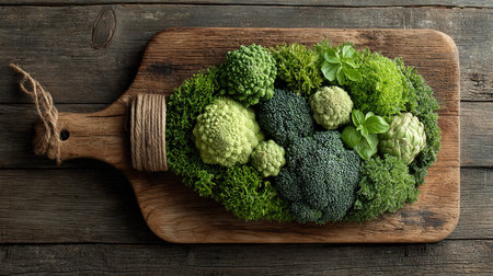 An artistic arrangement of fresh greens, including broccoli and other vegetables, displayed on a rustic wooden board, emphasizing health and sustainability.の素材