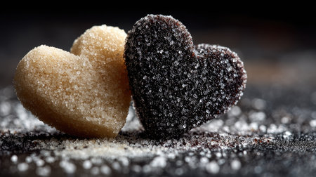 Two heart-shaped sugar cubes, one light and one dark, sit together on a dark surface. Ideal for conveying love, sweetness, or culinary creativity.の素材