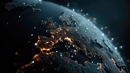 A captivating nighttime view of Europe showcases glowing city lights and a web of digital connections on planet Earth, emphasizing technology and innovation.の素材