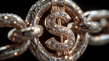 A stunning close-up of a golden chain featuring a diamond-encrusted dollar sign, perfect for representing wealth, luxury, and opulent lifestyle imagery.の素材