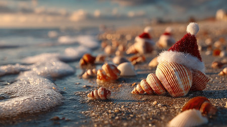 Capture the essence of a unique holiday spirit with festive shells wearing Santa hats on a sandy beach, blending coastal beauty with Christmas cheer.の素材