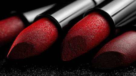This close-up image features vibrant red lipsticks against a dramatic dark background, showcasing rich texture and color depth ideal for beauty projects.の素材