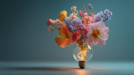 A captivating arrangement of vibrant flowers displayed in a light bulb vase, showcasing a blend of colors and textures against a soft blue background.の素材