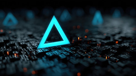 A stunning neon blue triangle stands out against a dark digital background filled with binary code, creating a modern and futuristic atmosphere.の素材