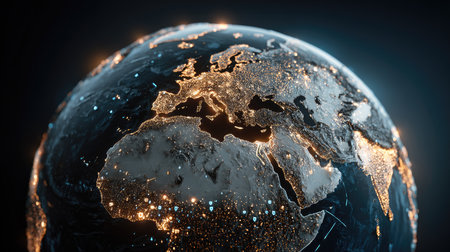 A striking digital rendering of Earth at night, showcasing illuminated cities and geographical features against a dark backdrop. This image highlights global connectivity and beauty.の素材