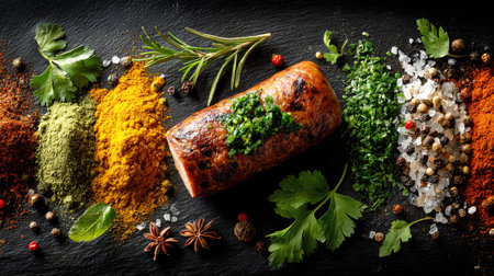 A visually appealing arrangement of freshly cooked meat garnished with herbs and surrounded by an array of colorful spices and seasoning ingredients on a slate board.の素材