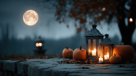 This serene autumn scene captures the essence of a cozy evening with glowing lanterns, vibrant pumpkins, and a full moon illuminating the landscape.の素材