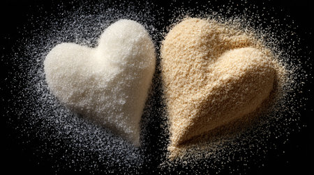 This artistic image showcases heart-shaped piles of white sugar and brown sugar on a captivating black background, perfect for culinary inspiration.の素材