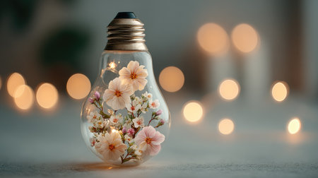 A beautifully crafted glass light bulb filled with delicate flowers, creating a serene and enchanting ambiance with a soft bokeh background, perfect for decor.の素材