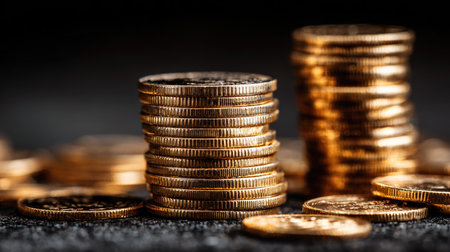 This image features neatly stacked golden coins against a dark background, representing wealth and financial investment opportunities. Ideal for finance-related themes.の素材