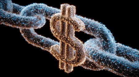 This digital artwork features a glowing chain with a dollar sign, representing the intricate relationships within finance and technology sectors.の素材