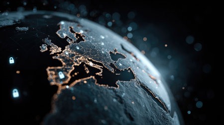 This captivating image showcases a detailed view of Earth at night, emphasizing Europe's illuminated cities and digital security elements against a dark background.の素材