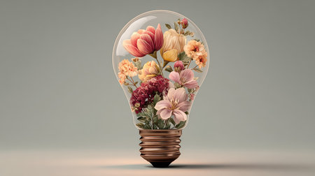 This artistic image features a lightbulb filled with colorful flowers, symbolizing creativity and innovation through the beauty of nature.の素材