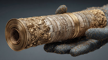 A beautifully detailed golden scroll rests delicately on a hand, showcasing intricate craftsmanship and unique artistic design with shimmering elegance.の素材
