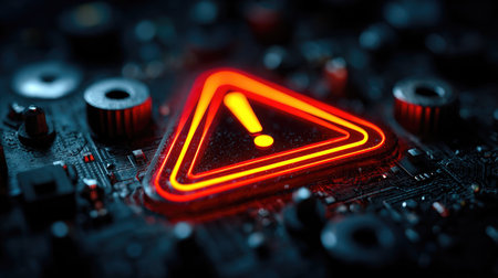 A striking image of a glowing red warning icon on a dark circuit board background, symbolizing alert and caution in technology and electronics.の素材
