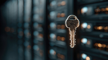 This image showcases a digital security key floating in front of a network of data servers, symbolizing the importance of cybersecurity and information protection.の素材