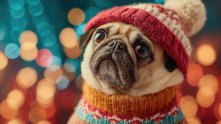 This heartwarming image captures a charming pug puppy dressed in a vibrant knitted sweater and a playful festive hat, set against a colorful bokeh background.の素材