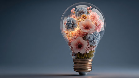 This stunning image features a vibrant arrangement of flowers encapsulated within a light bulb, representing creativity and inspiration in a modern aesthetic.の素材
