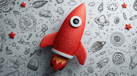 A vibrant red rocket model stands out against a textured backdrop filled with whimsical doodles of space elements, inspiring creativity and imagination.の素材