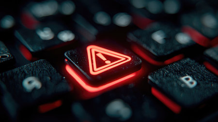 Close-up view of a keyboard key featuring a glowing warning alert symbol. The dark environment emphasizes the urgent nature of digital security warnings.の素材