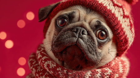 A charming pug in a red knitted hat and scarf captures the essence of winter festivities. Surrounded by soft bokeh lights, this delightful portrait showcases the dog's adorable features and joyful expression, perfect for holiday-themed projects.の素材