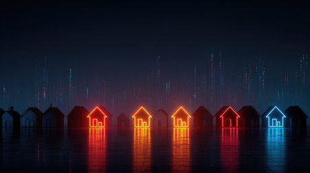 Explore a captivating image of futuristic houses illuminated in neon colors, set against a digital backdrop, symbolizing modern urban living and innovation.の素材