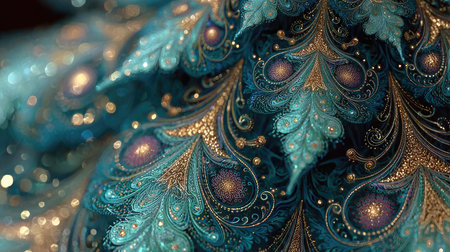 This stunning close-up image showcases an intricate design featuring a mesmerizing teal and gold pattern. Perfect for artistic and decorative projects.の素材