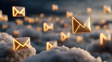 A mesmerizing scene featuring glowing envelopes floating among clouds, symbolizing digital communication and connection in a beautiful abstract setting.の素材