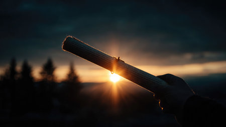 A hand grasps a rolled paper scroll, silhouetted against a breathtaking sunset, capturing the essence of exploration and creativity in nature.の素材
