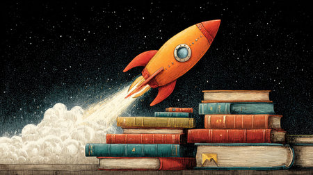 An imaginative illustration featuring an orange rocket soaring into space, leaving a trail of smoke over a stack of colorful books under a starry sky.の素材