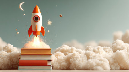 A vibrant illustration of a rocket launching from a stack of books, symbolizing imagination and exploration. Surrounded by clouds and stars, it represents creativity and dreams.の素材