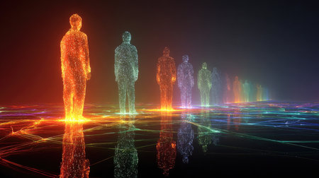 A mesmerizing display of digital human figures in vibrant neon colors, illustrating connections and networks in a futuristic neon-lit environment.の素材
