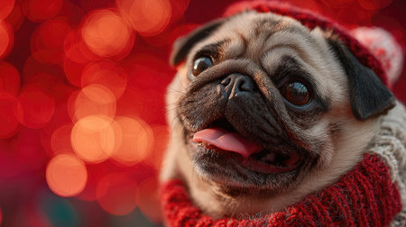 This charming pug, dressed in a cozy sweater and festive hat, showcases an endearing expression against a blurred red bokeh background, ideal for joyful holiday themes.の素材