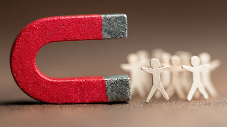 This conceptual image illustrates attraction and connection through a vivid red magnet pulling in wooden figures, symbolizing unity and relationships in a creative manner.の素材