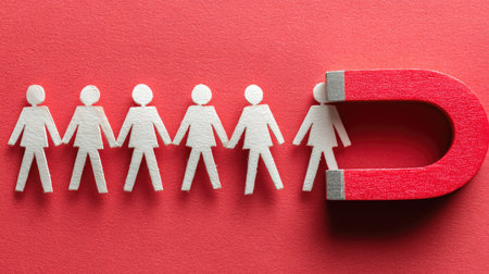 This image showcases a red magnet attracting paper figures, symbolizing unity and connection among individuals in a creative and engaging design.の素材