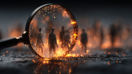 A magnifying glass is highlighted in an abstract scene, showcasing silhouetted figures amidst fiery elements, representing insight, discovery, and exploration.の素材