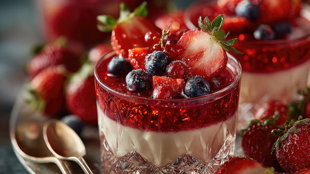 Indulge in this delightful dessert featuring layers of velvety cream, vibrant jelly, and fresh strawberries and blueberries served in elegant glassware.の素材