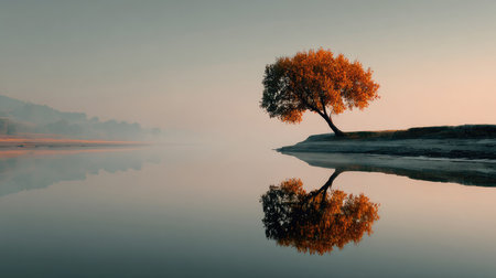 A tranquil autumn scene featuring a lone tree with vibrant orange leaves, reflecting in calm water during dawn's early light. Perfect for nature lovers.の素材