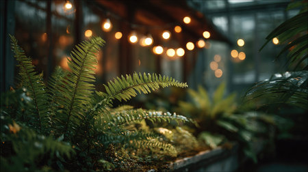 Experience the tranquil beauty of lush green ferns illuminated by soft lights in a serene indoor botanical space, creating a peaceful and inviting atmosphere.の素材