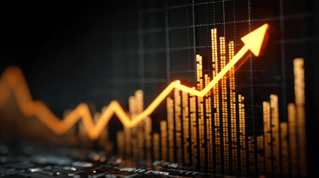 This dynamic stock photo captures a financial growth chart with an upward trend against a dark background, symbolizing economic success and progress.の素材