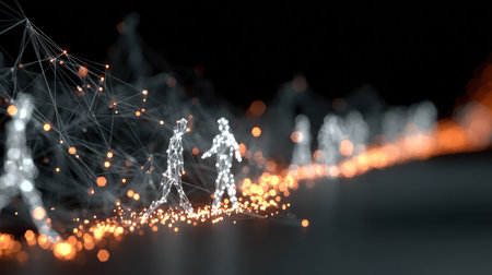 This abstract image features stylized human figures walking through a vibrant digital landscape, enhanced by glowing particles and intricate connections.の素材