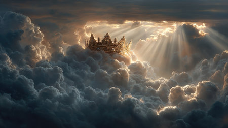 A stunning crown appears to emerge from a billowing mass of clouds, illuminated by radiant sunlight and capturing a sense of royalty and divine beauty.の素材