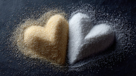 Beautifully arranged heart shapes made of brown and white sugar create a romantic and artistic culinary presentation, perfect for any sweet occasion.の素材